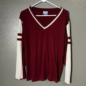 Sexilia Medium Varsity Stripe Long Sleeve V-Neck T-Shirt Maroon